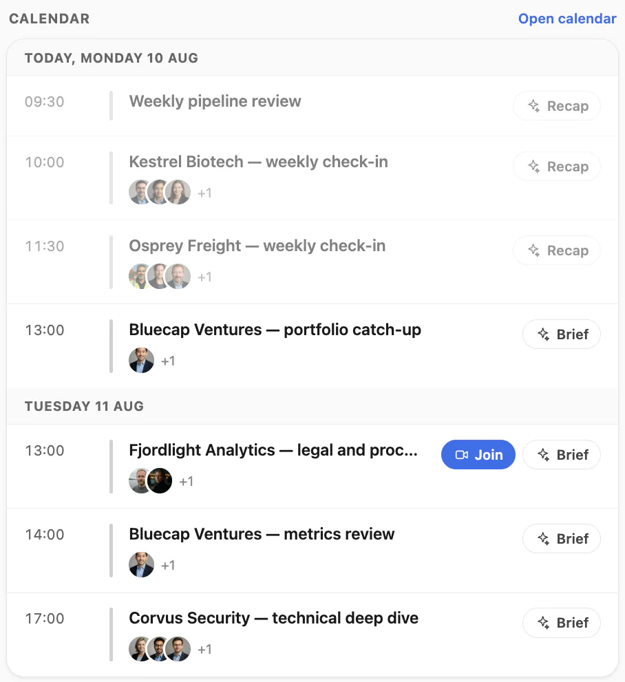 Kola's calendar column: today's meetings with attendee faces, a Brief button on upcoming events and a Recap button on those that have finished