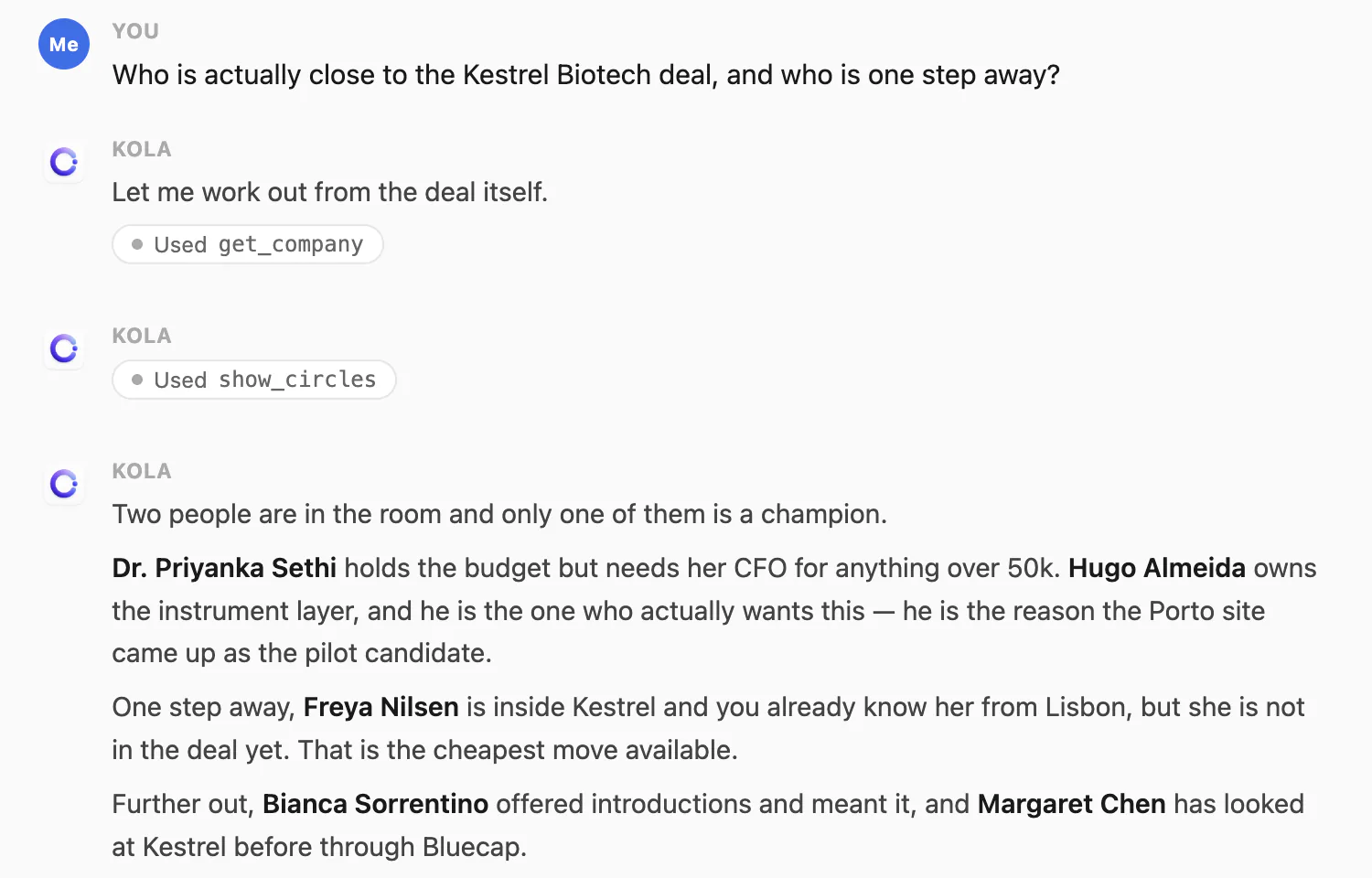A question typed into Kola about who is close to a deal, and Kola's written answer naming four people and what each one holds