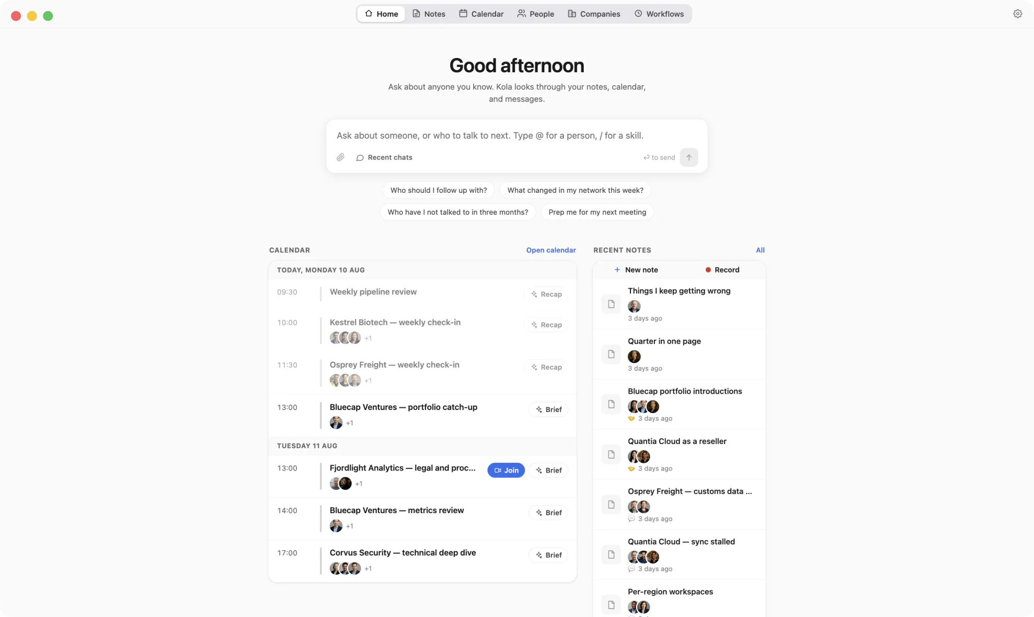 Kola's home screen: the ask box, four suggested questions, today's calendar with Brief and Recap buttons, and recent notes