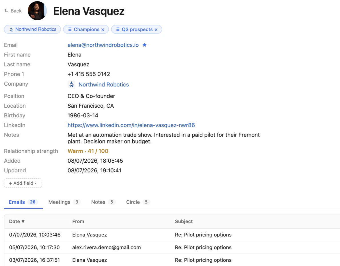 A person record in Kola: lists, contact fields, a free-text note, relationship strength, and tabs for emails, meetings, notes and circle