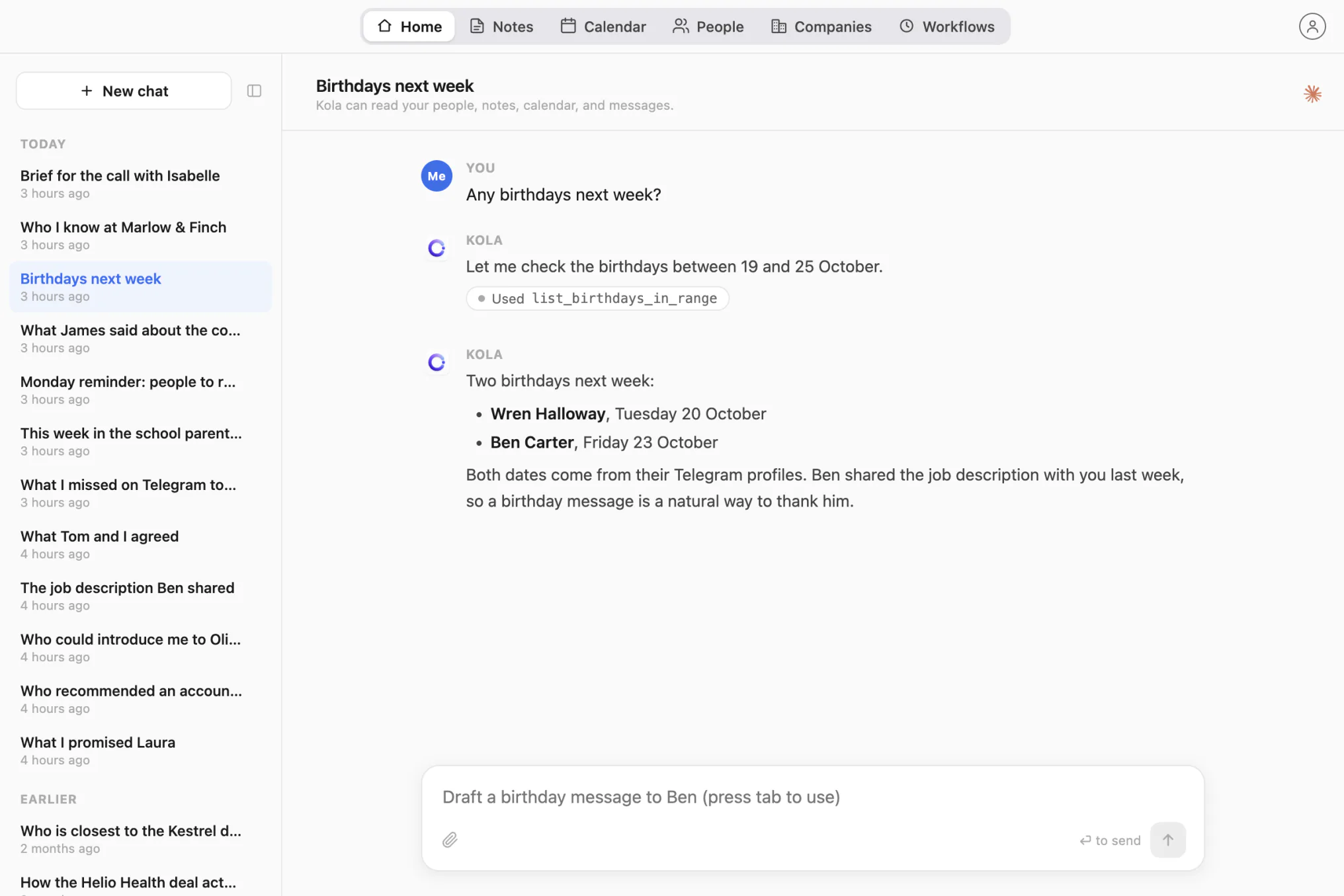 Kola lists two birthdays next week, taken from Telegram profiles