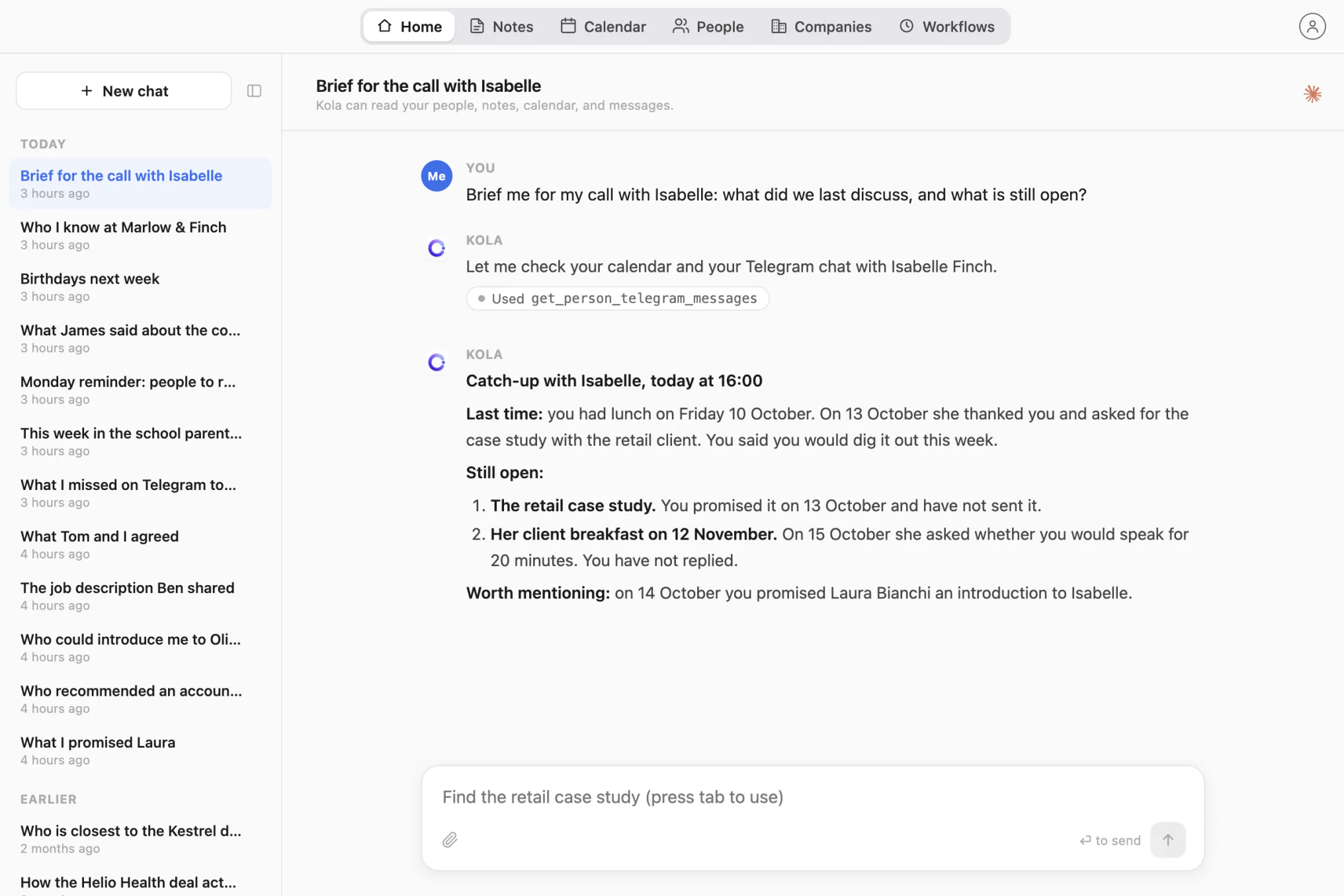 Kola’s brief for a call with Isabelle: the last conversation, two open points from Telegram, and a promise to mention