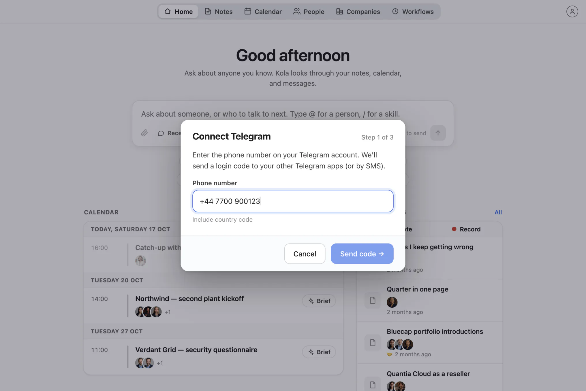 The Connect Telegram window in Kola, step 1 of 3: a phone number field and a Send code button