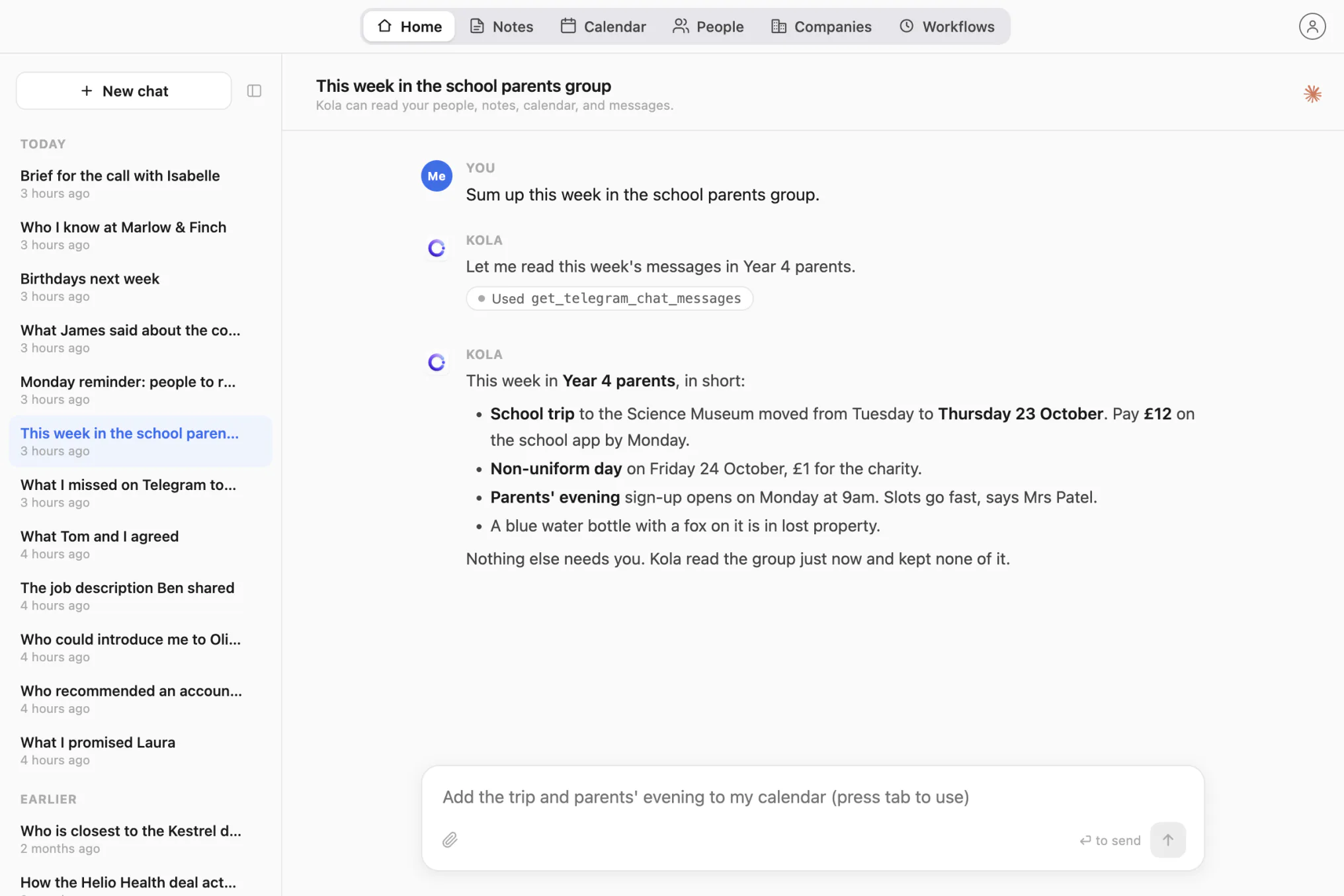 Kola sums up a week of a school parents’ Telegram group: the trip, the payment, non-uniform day and parents’ evening