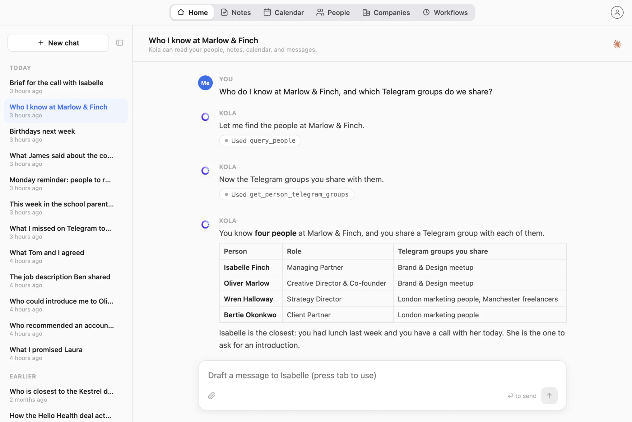 Kola answers “Who do I know at Marlow & Finch?” with four people, their roles and the Telegram groups you share with each