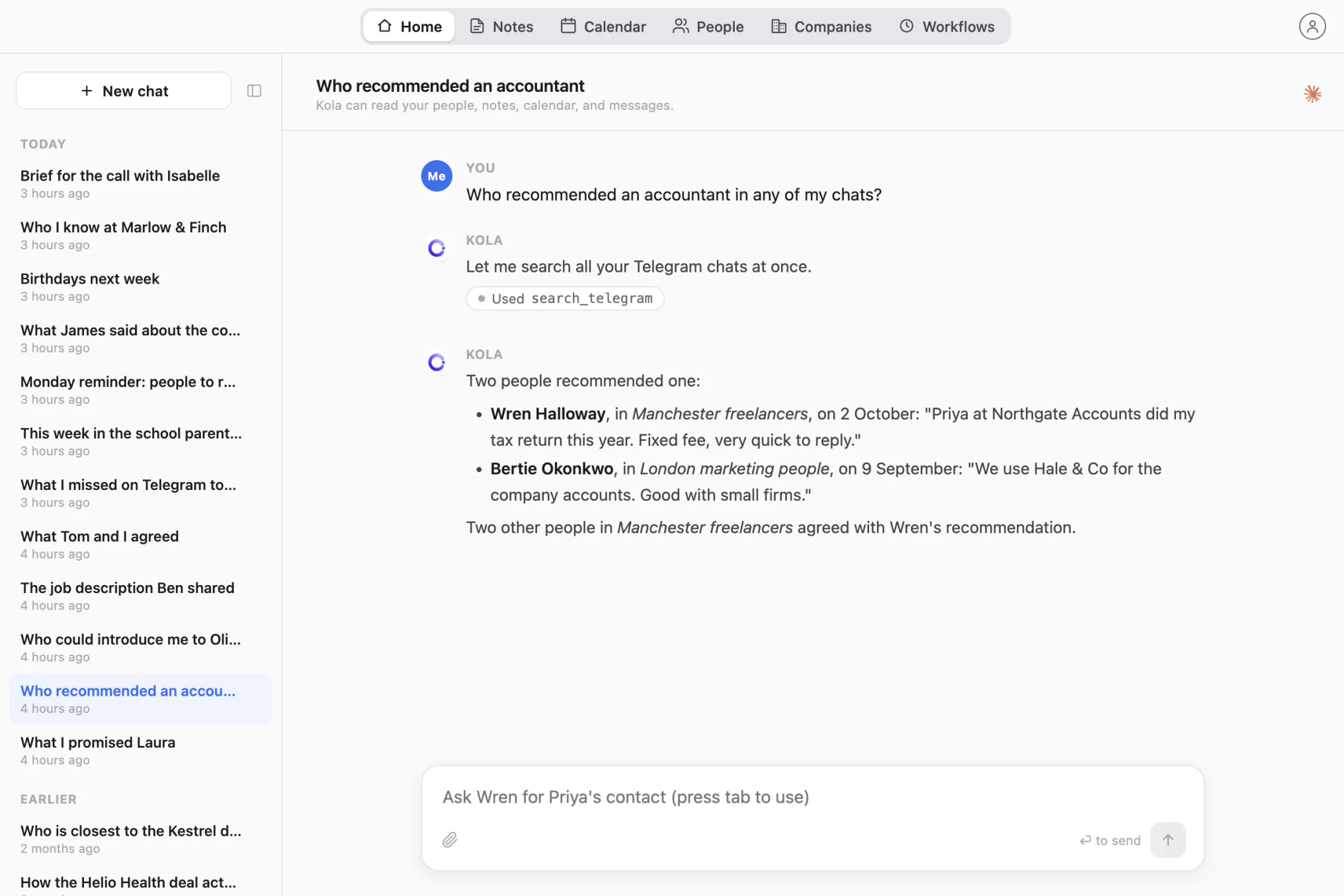 Kola finds two accountant recommendations in two Telegram groups, with who wrote each and when